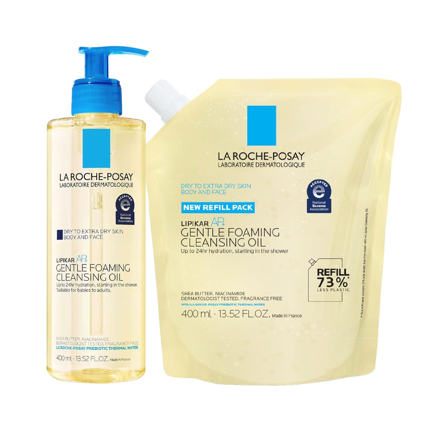 Bundle of La Roche-Posay Lipikar AP+ Gentle Foaming Cleansing Oil 400ML + Refill, Gentle Oil Cleanser for Face and Body Formulated with Niacinamide, Long-Lasting 24-hour Hydration