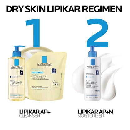 Bundle of La Roche-Posay Lipikar AP+ Gentle Foaming Cleansing Oil 400ML + Refill, Gentle Oil Cleanser for Face and Body Formulated with Niacinamide, Long-Lasting 24-hour Hydration