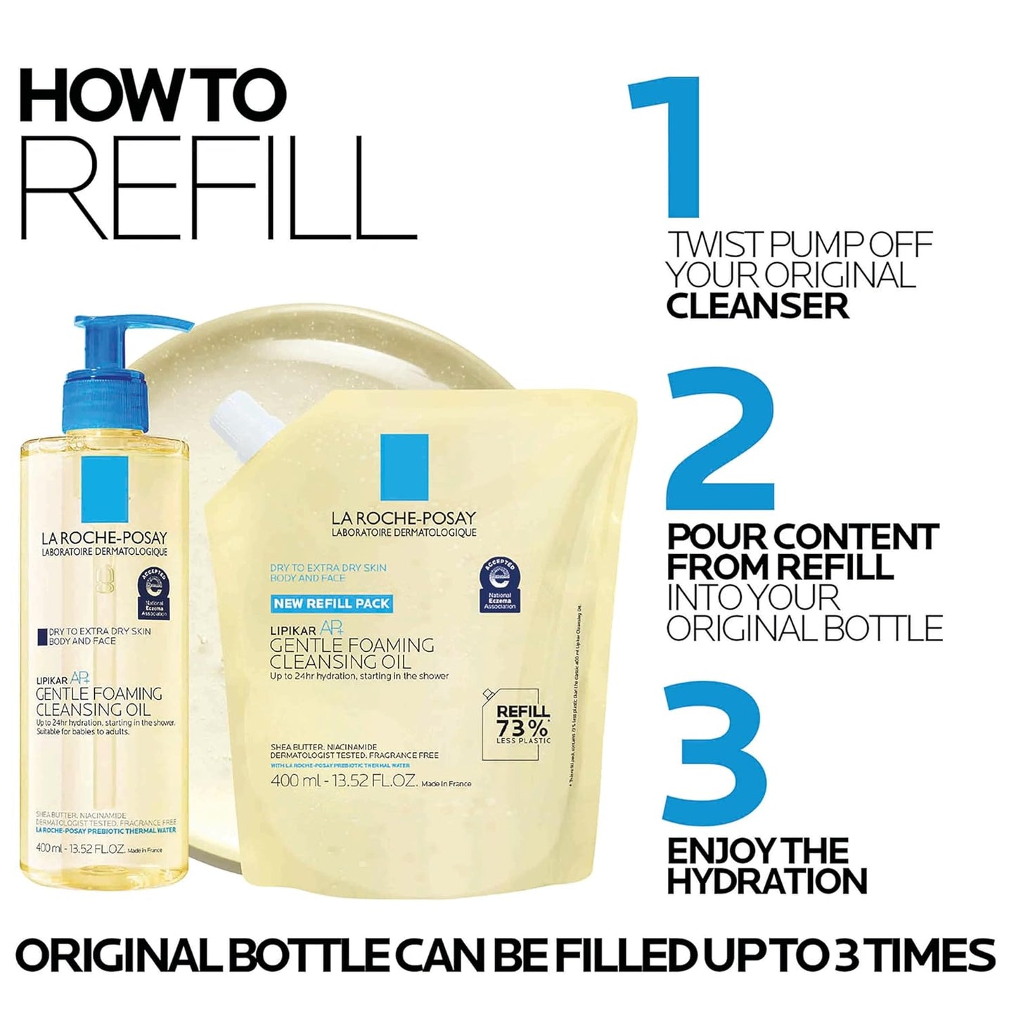 Bundle of La Roche-Posay Lipikar AP+ Gentle Foaming Cleansing Oil 400ML + Refill, Gentle Oil Cleanser for Face and Body Formulated with Niacinamide, Long-Lasting 24-hour Hydration
