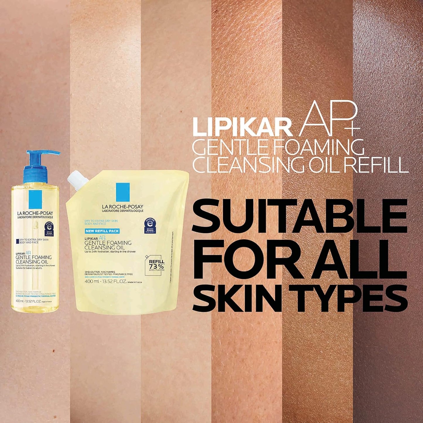 Bundle of La Roche-Posay Lipikar AP+ Gentle Foaming Cleansing Oil 400ML + Refill, Gentle Oil Cleanser for Face and Body Formulated with Niacinamide, Long-Lasting 24-hour Hydration